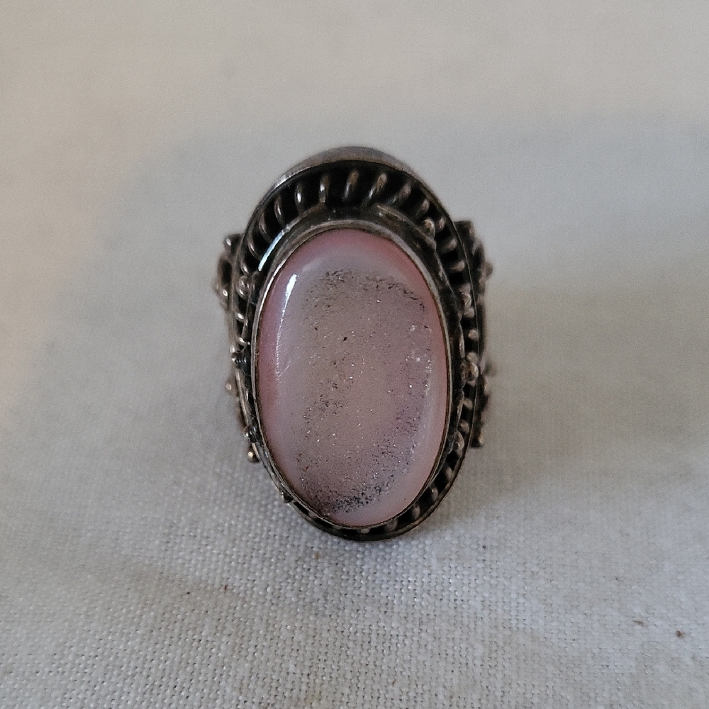 Sterling Silver Pink Stone Oval Statement Ring Vintage